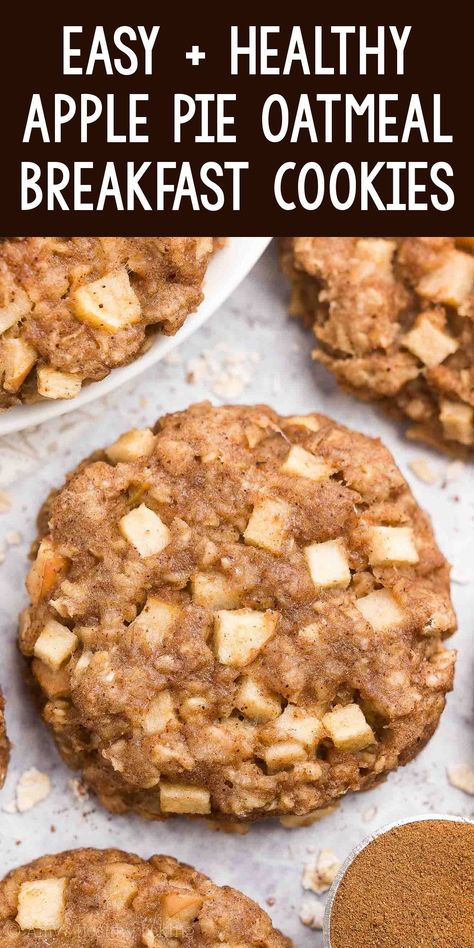 Healthy Apple Pie Oatmeal Breakfast Cookies — only 71 calories! Soft, chewy & so easy to make! Perfect for kids & quick grab-and-go breakfasts! (And they freeze well too!) ♡ healthy no sugar oatmeal breakfast cookies for kids. easy healthy clean eating breakfast cookies. Breakfast Cookies For Kids, Healthy Clean Eating Breakfast, Healthy Apple Pie Oatmeal, Cookies Easy Recipe, Apple Pie Oatmeal, Healthy Apple Pie, Oatmeal Breakfast Cookies, Breakfast Cookie Recipe, Breakfast Cookies Healthy