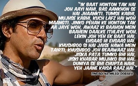 50 Bollywood Romantic Dialogues That Will Make You Fall In Love All Over Again Zindagi Na Milegi Dobara, Romantic Dialogues, Love Dialogues, Filmy Quotes, Farhan Akhtar, Now Quotes, Movie Dialogues, Love Dive, Quotes On Love