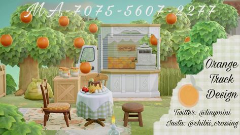 Stall Acnh, Orange Orchard, Orange Truck, Acnh Ideas, New Animal Crossing, Truck Design, Animal Crossing Qr, Floor Patterns, Display Design