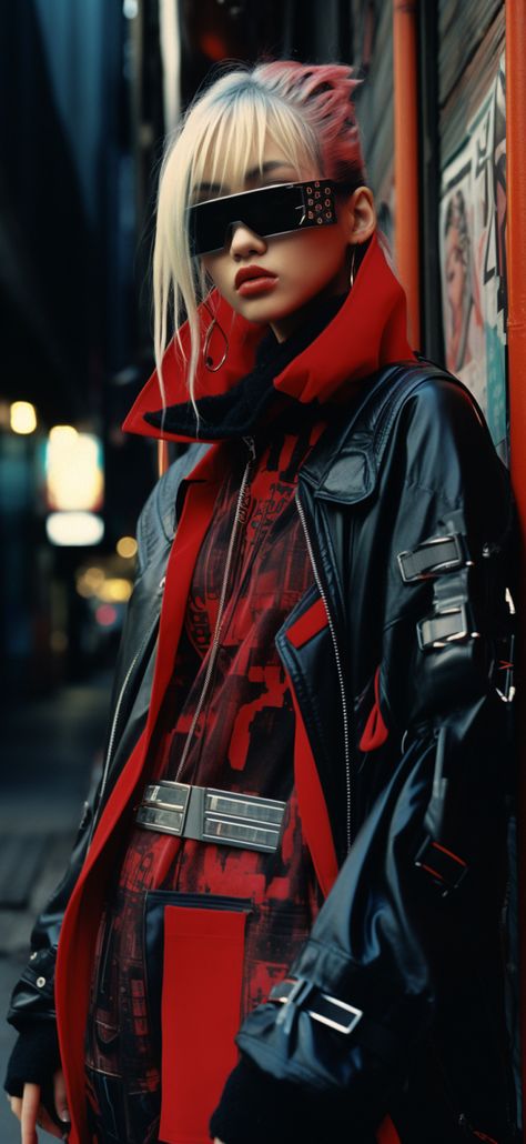 Electropunk Fashion, Atompunk Aesthetic Outfit, 80s Cyberpunk Fashion, Cyberpunk Aesthetic Clothes, Cyberpunk Streetwear Women, Cyberpunk Couture, Cyberpunk Aesthetic Character, Neo Tokyo Aesthetic Clothes, Red Cyberpunk Outfit