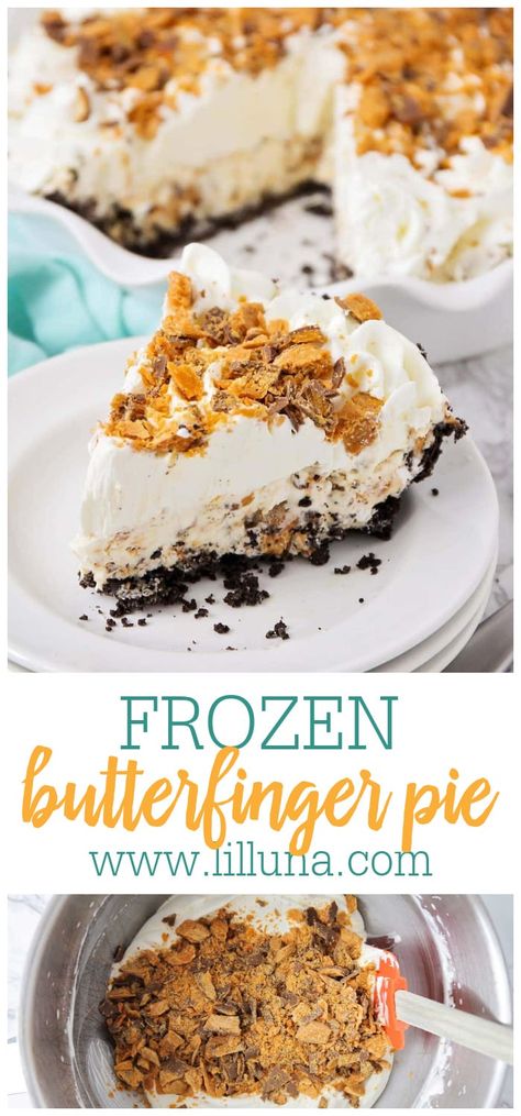 With a chocolate Oreo crust, a homemade Butterfinger ice cream filling, fluffy whipped topping, and even more Butterfingers on top, every single bite of this pie is unbelievably delicious! #frozenbutterfingerpie #butterfingerpie #frozenpie #butterfinger #desserts Homemade Butterfinger Ice Cream, Butterfinger Desserts, Butterfinger Ice Cream, Butter Finger Dessert, Butterfinger Pie, Ice Cream Maker Recipes, Frozen Dessert Recipe, Chocolate Oreo, Frozen Pie