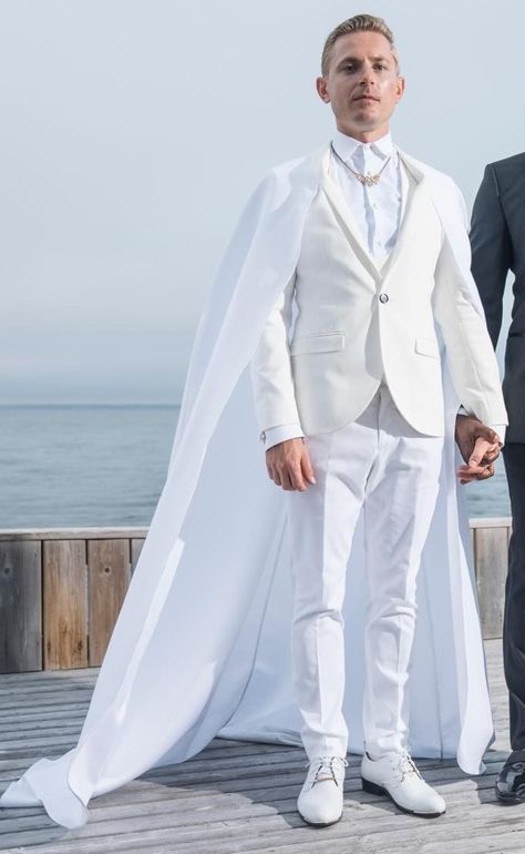 Cape train for a man's wedding suit Wedding Suits Aesthetic Men, Mens Wedding Suit With Cape, Suit With A Train Men, Wedding Suit With Cape, White Suit With Train, Megan Markel Wedding Dress, Suit And Cape Men, Suit With A Cape Men, Aesthetic Wedding Suit