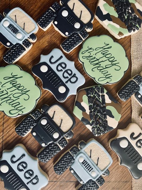 Jeep First Birthday Party, Jeep 1st Birthday Party, Jeep 2nd Birthday Party, Off Road Party Theme, Jeep Cookies Decorated, Jeep Birthday Party Ideas, Jeep Party Ideas, Jeep Cookies, Jeep Birthday Party