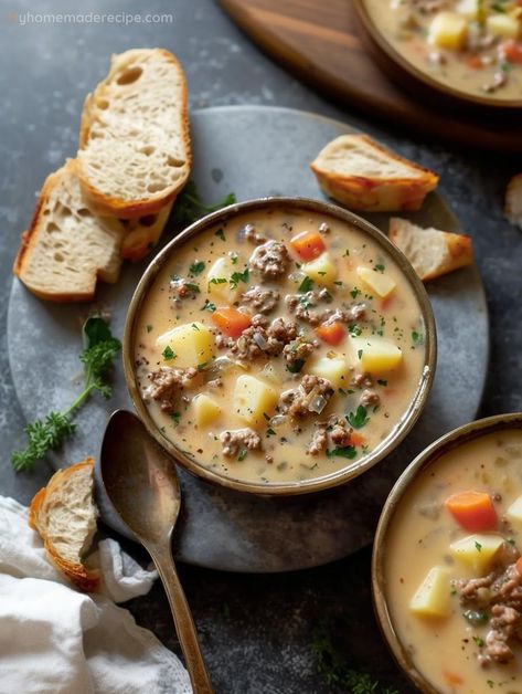 Delicious Creamy Hamburger Potato Soup Recipe For A Comforting Meal - My Home Made Recipe Creamy Hamburger Potato Soup, Cream Potatoes Recipe, Cream Of Vegetable Soup, Hamburger Potato Soup, Crock Recipes, Hamburger And Potatoes, Albanian Recipes, Soup Creamy, 2024 Recipes