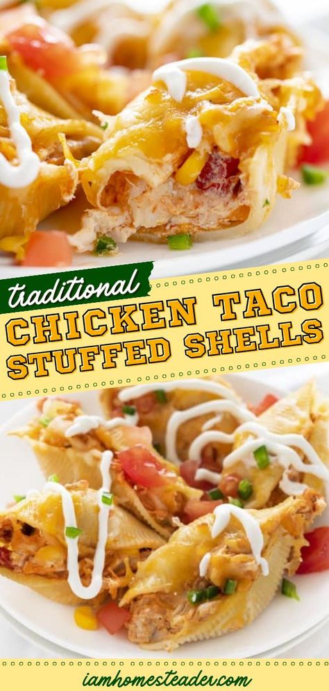 Taco Stuffed Shells Recipe, Jumbo Shell Recipes, Shell Recipes, Taco Shell Recipe, Chicken Stuffed Shells, Shell Pasta Recipes, Cheese Corn, Shells Recipe, Large Family Meals