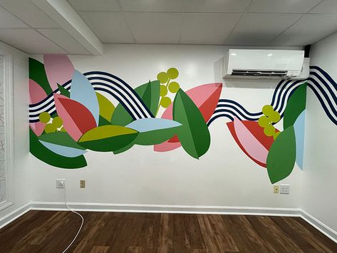 Floret mural by Racheal Jackson of Banyan Bridges Abstract Mural Art, Building Murals Inspiration, Environmental Mural, Banyan Bridges, Rainforest Mural Painting, Mural Wall Art River, Banyan Bridges Mural, Crafts At Home, Rainbow Mural