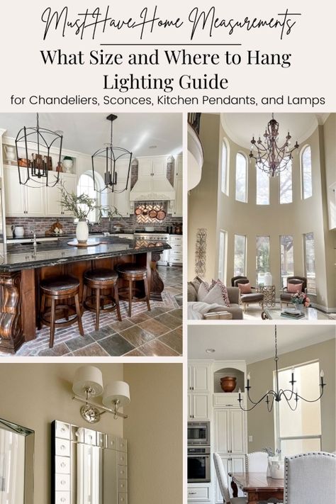 The correct size light for each room and how high to hang it. Chandeliers, Pendants, Sconces, and Lamps with free printable home measurements cheat sheet! Extra Long Dining Table, Dinning Room Lighting, Hang Pictures, Coffee Table Size, Kitchen Chandelier, Hanging Artwork, Large Lamps, Furniture Placement, Save Room