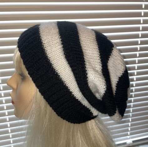 Hand Knitted Slouch Hat Beanie Black White Stripe Goth Punk Women Men | eBay Goth Beanie, Knitted Slouch Hat, Punk Women, Beanie Black, Hat Knitting, Slouch Hat, Hat Beanie, Diy Sewing Clothes, Goth Punk