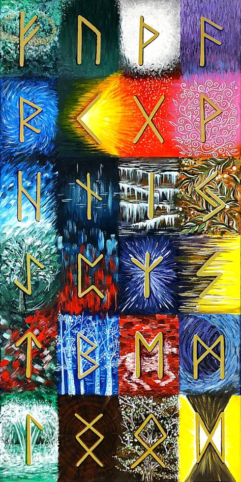 Elder Futhark, Runes, Original Painting, Artwork, Wall Art, Educational, Ancient Mysteries, Nordic, Magic, Witch, Divination Runes Aesthetic, Patchwork Painting, Shamanic Art, Abstract Tile, Rune Symbols, Rune Stones, Norse Runes, Women's Circle, Elder Futhark