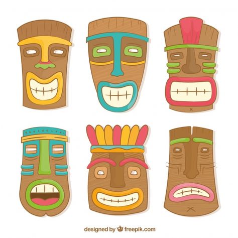 Pack of hand drawn tiki masks Free Vector Tiki Masks, Tiki Faces, Hawaiian Party Decorations, Tiki Art, Tiki Mask, Hawaiian Party, Luau Party, Crafty Diy, Art Classroom