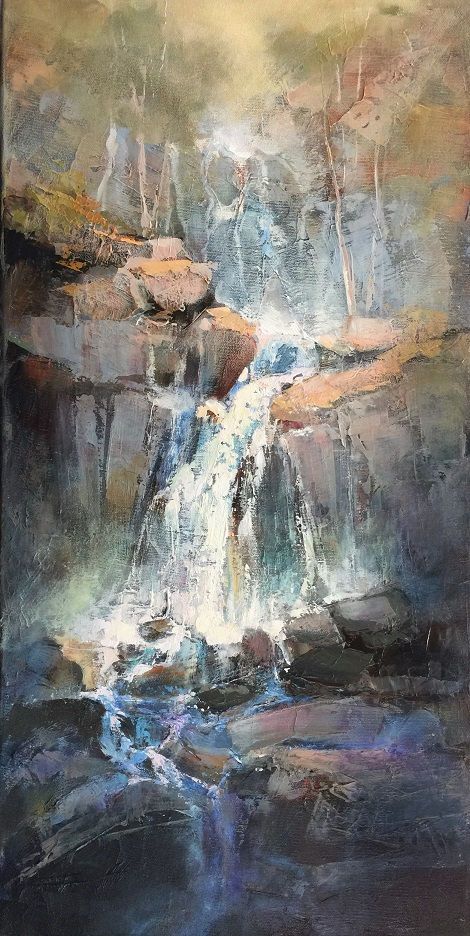 Abstract Waterfall Painting, Nature Watercolor Art, Watercolour Landscapes, Waterfall Paintings, Landscape Painting Tutorial, Acrylic Art Projects, Waterfall Art, Watercolor Pictures, Impressionist Landscape