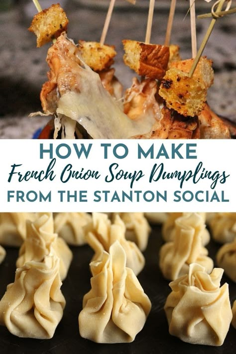 French Onion Soup Dumplings, French Onion Soup Appetizer, French Onion Dumplings, French Kiss Movie, Stilton Recipes, Soup Dumplings Recipe, Take Out Recipes, Chinese Night, Steakhouse Recipes