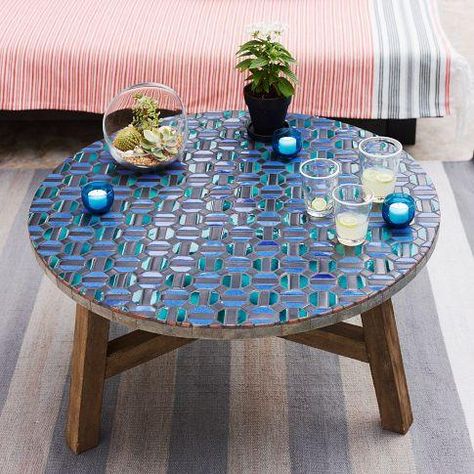 Mosaic Tiled Coffee Table - Indigo | west elm Mosaic Furniture, Mosaic Coffee Table, Driftwood Table, Tiled Coffee Table, Mosaic Table Top, Mosaic Stained, Coffee Table Grey, Mosaic Table, Mosaic Diy