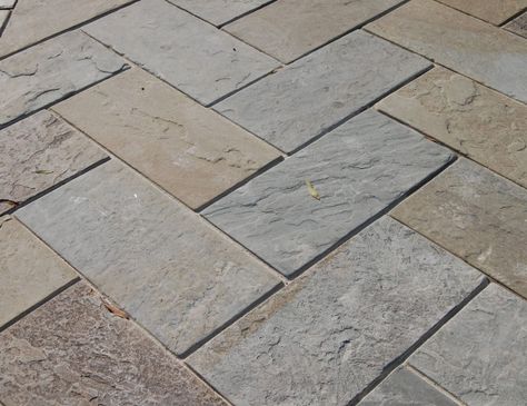 Bluestone paver patio ; Gardenista Bluestone Sidewalk, Herringbone Patio, Tumbled Bluestone, Pavement Ideas, Patio Surfaces, Bluestone Paving, Paver Patterns, Patio Stone, Bluestone Pavers