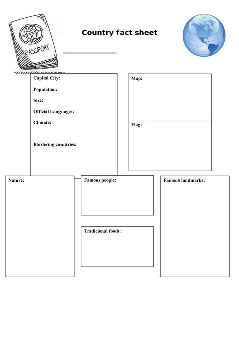 Country Fact Sheet ora su 2nd Grade Country Project, State Facts Printable, Country Fact Sheet, Geography Vocabulary Worksheet, Countries Unit Study, Ib Classroom, Improve English Speaking, Country Information, Europe Day