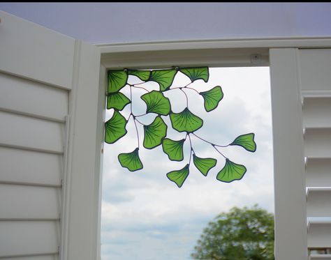 Window Corner Decor, Window Corner, Gingko Leaves, Corner Decor, Custom Stained Glass, Window Color, Stained Glass Window Hanging, Stained Glass Diy, Stained Glass Crafts