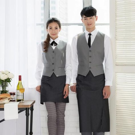 Uniform With Vest, Waiter Uniform Design, Floral Baking, Korea Restaurant, Vest Uniform, Waiter Outfit, Baking Room, Bar Uniform, Cafe Uniform