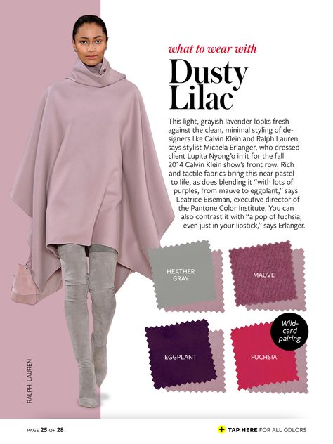 dusty lilac + heather gray/mauve/eggplant/fuchsia Lilac Colour Combinations, Color Crash Course, Instyle Color Crash Course, Snowboard Outfit, Color Compliments, Colors Clothes, Color Clothes, Color Wheels, Lilac Colour