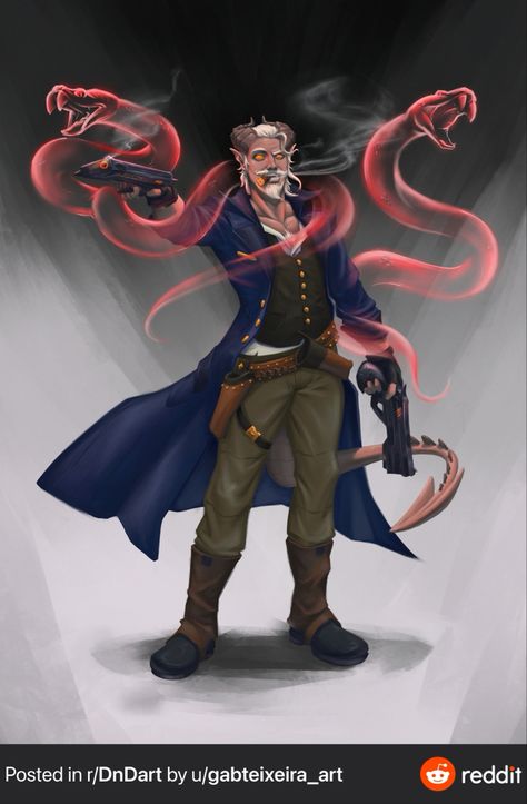 Odd Dnd Characters, Hexblade Tiefling, Dnd Evil Character, Spelljammer Character Art, Gunslinger Dnd Male, D&d Character Concepts, Dnd Villains, Warlock Dnd, Dnd Tiefling