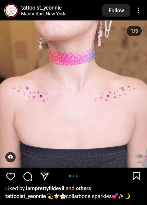 Pastel tattoo, stars, flowers collarbone tattoo Collarbone Stars Tattoo, Pastel Tattoo Ideas, Confetti Tattoo, Stardust Tattoo, Skin Doodles, Tattoo Stars, Pastel Tattoo, Clavicle Tattoo, Sparkle Tattoo