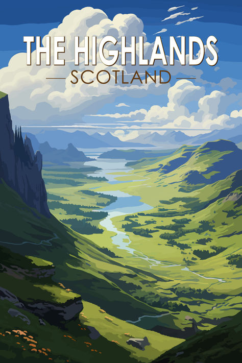 Artistic retro-style poster of the Scottish Highlands, showcasing the serene landscapes and vibrant colors typical of vintage travel art. Scotland Poster Vintage, Vintage Travel Posters Scotland, Easdale Island, Scotland Illustration, Retro Art Style, Scotland Poster, Scotland Art, Travel Poster Design, Paris Wallpaper