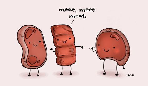 meet meat Meat Puns, Dietitian Humor, Nice To Meat You, Science Puns, Clean Memes, Gym Humor, Funny Cartoons, Cute Illustration, Bones Funny