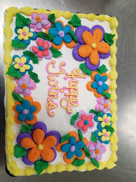 Floral daisy sheet cake- whipped Sams Club Sheet Cake, Flower Sheet Cake Ideas, Groovy Sheet Cake, Daisy Sheet Cake, Half Sheet Cake Decoration, Flower Sheet Cake, Birthday Core, Sheet Cakes Decorated, Dq Cake