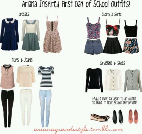 Ariana grande outfits. I dont like the cardigans, the dresses with the collars and the striped T-Shirt. Everything else is quite nice! Cat Valentine Outfits, Ariana Grande Outfit, Valentine Outfits, 2015 Outfits, Summer School Outfits, The Cardigans, Ariana Grande Outfits, Ariana Grande Style, First Day Of School Outfit