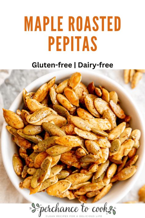 Maple Roasted Pepitas Seasoned Pepitas, Pepitas Recipes, Maple Roasted Pumpkin Seeds, Roasted Pepitas, Cinnamon Roasted Almonds, Snack Mixes, Homemade Foods, Raw Pumpkin Seeds, Cook Healthy