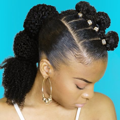 Rubberband bubble ponytail with mini buns and gold hair accessories on natural hair. YouTube: Channing Lilly Instagram: @ChanningLilly Bubble Ponytail, Curly Crochet Hair Styles, Marley Hair, Gold Hair Accessories, Natural Hair Tutorials, Natural Hair Updo, Natural Hair Styles Easy, Natural Hair Beauty, Gold Hair