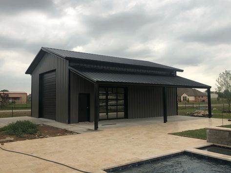 Black Metal Storage Building, Small Metal Shop Building, Shop With Outdoor Living, Steel Sheds Metal Buildings, Metal Building Additions, Metal Building For Entertaining, Metal Building Add On, Steel Building Exterior Colors, Steel Office Building