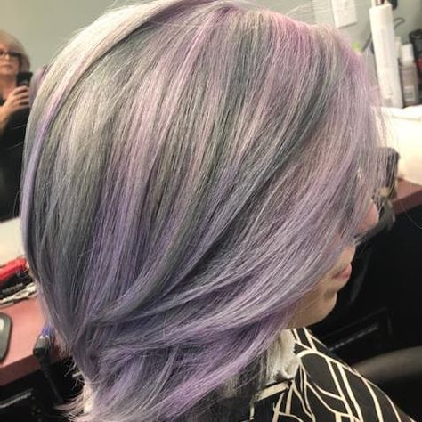 Salt And Pepper Hair With Purple, Purple Highlights Grey Hair, Gray Hair With Purple Highlights Over 50, Grey Hair With Purple Highlights, Grey Hair Lowlights, Lilac Hair Dye, Partial Foil, Hair With Purple, Purple Blonde