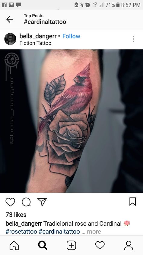 Cardinal tattoo Cardinal Rose Tattoo, Rose And Cardinal Tattoo, Cardinal Tattoo, Cardinal Tattoos, Pink Rose Tattoos, Red Rose Tattoo, 3 Tattoo, Crab Salad, Awesome Tattoos