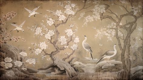 drawing wallpaper of a landscape of birds crane in the middle of the forest in Japanese vintage style Japanese Landscape Art, Vintage Bird Wallpaper, Huawei Wallpapers, Japanese Crane, Stage Decoration, Artwork Ideas, Drawing Wallpaper, Crane Bird, Chinoiserie Wallpaper