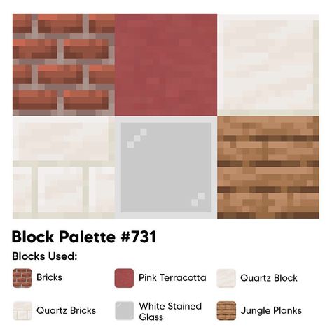 Block Palettes on Instagram: “Palette 731 Find more Minecraft block palettes on our website! #minecraft #minecraftbuilds #minecrafthouses #minecraftideas…” Minecraft Pallets, Minecraft Color Palette, Minecraft Building Guide, Minecraft Blocks, Minecraft Banner Designs, Minecraft Interior Design, Minecraft House Plans, Diy Minecraft, Minecraft Cottage