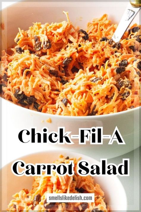 This legendary Chick-fil-A Carrot Salad is back and  better than ever. Shredded carrots dance with juicy pineapple and  raisins, all bathed in a creamy, tangy dressing. It's a refreshingly  sweet and crunchy side that'll steal the show, every single time. Chick Fil A Carrot Raisin Salad Recipe, What To Do With Shredded Carrots, Carrot Salad Dressing, Shredded Carrot Recipe, Shredded Carrot Salad, Raisin Salad, Salad Copycat, Carrot Raisin Salad, Carrot Salad Recipes