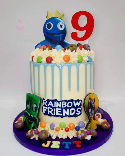 Birthday Cake 8 Boy, Rainbow Cake For Boys, Blue Rainbow Friends Cake, Rainbow Friends Cake Ideas, Rainbow Friends Cake, Rainbow Friends Birthday Party, Rainbow And Friends Cake Topper, 7th Birthday Boys, Roblox Birthday Cake