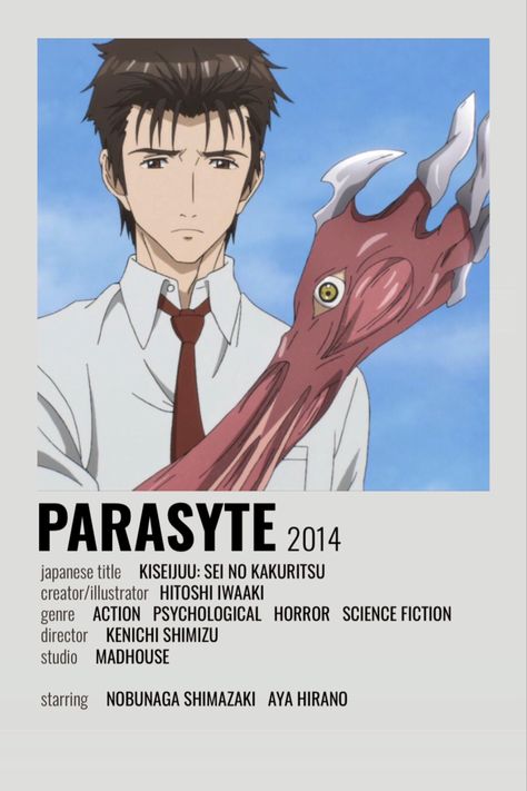 Parasyte Minimalist Poster! Parasyte The Maxim, Film Posters Minimalist, Animes To Watch, Poster Anime, Anime Printables, Good Anime To Watch, Anime Watch, Anime Titles, Anime Recommendations