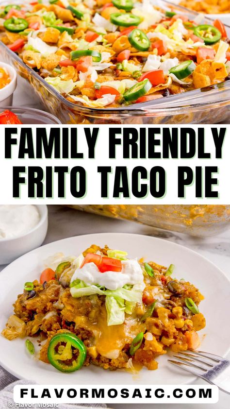 Family Friendly Frito Taco Pie is perfect for busy weeknight dinners. This Walking Tacos Casserole features seasoned ground beef, hearty black beans, and zesty enchilada sauce, all smothered in gooey melted cheese. Finished with a crunchy Fritos topping and vibrant garnishes, it’s a delicious twist that captures the fun of walking tacos. Ideal for family dinners or gatherings, this dish will be a hit with everyone at the table! Taco Casserole With Fritos Corn Chips, Frito Taco Casserole, Tacos Casserole, Frito Taco Pie, Taco Dinners, Taco Tuesday Ideas, Tasty Tacos Recipe, Frito Pie Recipe, Taco Pie Recipes