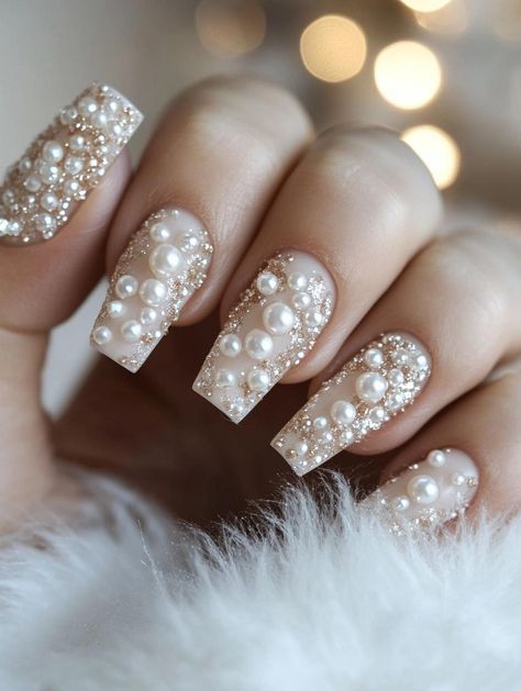 Coffin Nails Christmas 2025: Festive and Elegant Holiday Nail Art Ideas Gold Christmas Nails Coffin, Gold And Pearl Nails, Coffin Nails Christmas, Christmas Coffin Nails, Holiday Nail Art Ideas, Coffin Nail Ideas, Ombre French Nails, Coffin Nail Designs, Christmas 2025