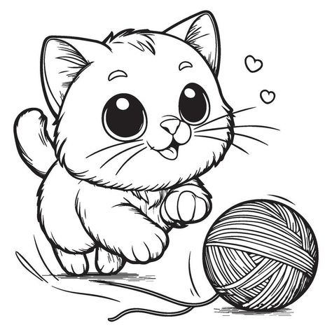 Cat Playing With Yarn Drawing, Yarn Drawing, Cat Playing With Yarn, Mischievous Expression, Drawing Images, Yarn Ball, Logo Banners, Cat Playing, Heart With Arrow