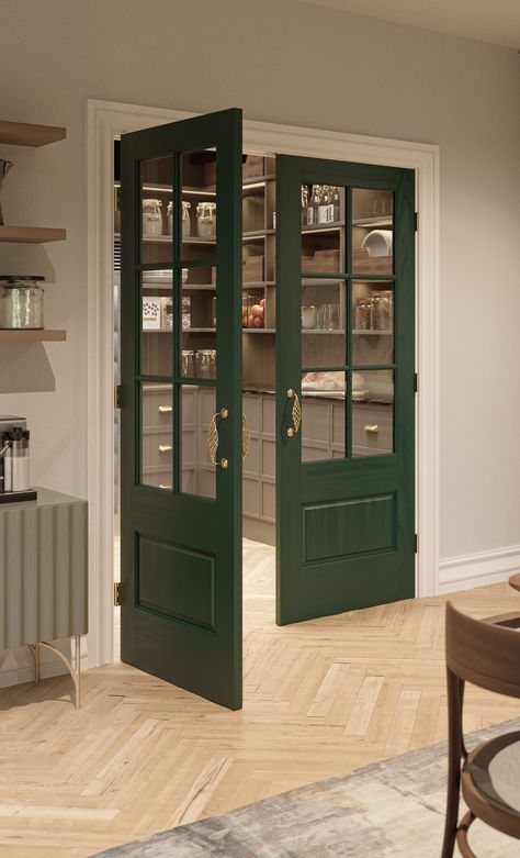 double glass door French Glass Door, Double Kitchen Doors, Glass Outside Door, Green Kitchen Door, Glass Kitchen Door Ideas, Green Internal Doors, Green French Doors Interior, Green Indoor Doors, Indoor Double Doors