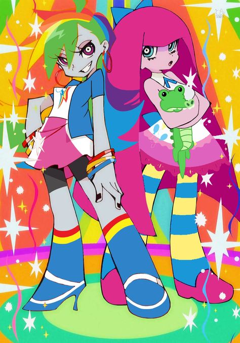 Rainbow Dash and Pinkie Pie from the show My Little Pony  in the style of Panty and Stocking Pinky Pie X Rainbow Dash, Pinkie X Rainbow Dash, Rainbow Dash X Pinkie Pie, Rainbow Dash Mlp, Pinkie Pie X Rainbow Dash, Rainbow Dash Pinkie Pie, Pinkie And Rainbow Dash, Rainbow Character, Pinkie Pie Fanart