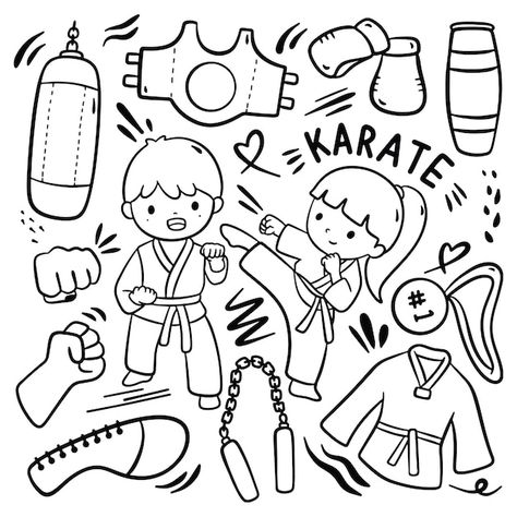 Taekwondo Drawing Easy, Taekwondo Drawing, Karate Drawing, Karate Illustration, Karate Stickers, Taekwondo Kids, Notepad Paper, Kids Karate, Girl Drawing Easy