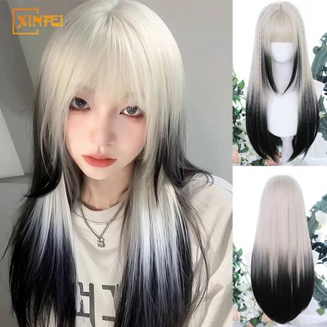 White Hair Black Tips, Long Black And White Hair, White Hair With Black Tips, White To Black Hair, Fluffy Natural Hair, White And Black Hair, Black And White Gradient, Pretty Wigs, Black And White Wig