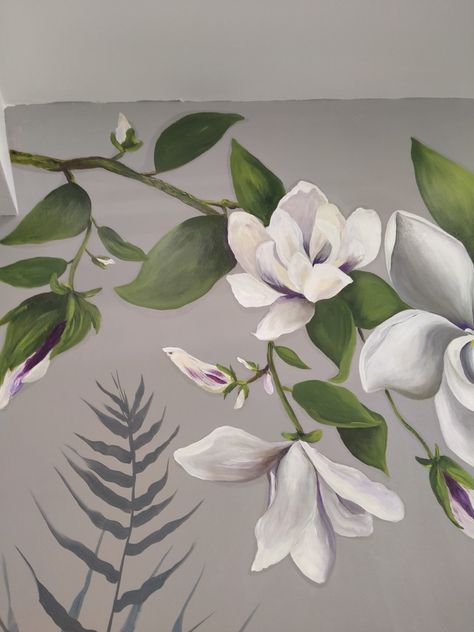 by Mai Hatti (Hatice Türkergin) Mural .Magnolia. Tree Mural, Print Background, Mural Ideas, Bedroom Wall Paint, Printed Backgrounds, Main Bedroom, Wall Paint, Bedroom Wall, Flower Painting