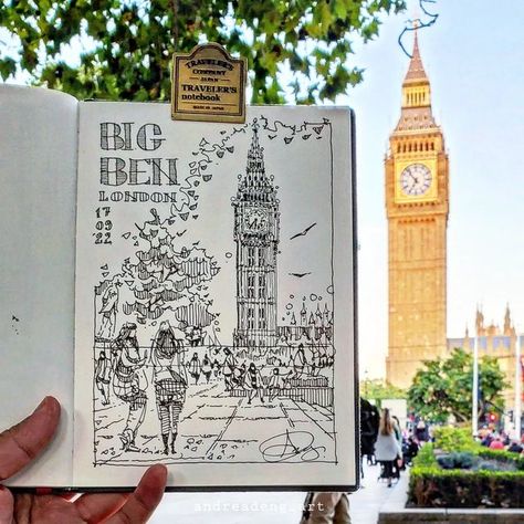 Wall Art Pen, Travel Art Sketchbook, Many Drawings In One Paper, Ink Sketches Sketchbooks, Ink Illustrations Sketchbooks, Fine Pen Art, Ideas For Sketchbook, Big Ben Drawing, Big Ben Art