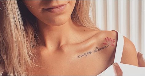 One scroll through Instagram will tell you that delicate tattoos on the collarbone are very popular — and for good reason. No matter the size, shape, or Collarbone Quote Tattoos For Women, Collarbone Script Tattoos For Women, Womens Clavicle Tattoo, Upper Chest Tattoo Female Small Words, Name Collarbone Tattoo, Delicate Collar Bone Tattoos For Women, Feminine Clavicle Tattoos, Female Collarbone Tattoo, Classy Shoulder Tattoos For Women