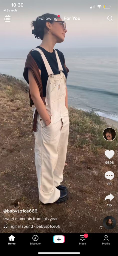 Cream Colored Overalls Outfit, Carhartt Women Outfits Overalls, White Carhartt Pants Outfit, Beige Overalls Outfit Aesthetic, Cream Overalls Outfit Winter, Off White Overalls Outfit, White Carhartt Overalls, Khaki Overalls Outfit Women, Carhartt Overalls Outfit Winter