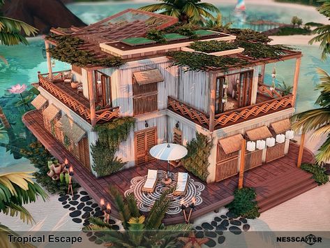 Sims Tropical House, Sims 4 Island House, Bloxburg Tropical House, Sims Sulani, Sims 4 Island Living House, Ts4 Lots, Sims Inspiration, Sims Houses, Sims Builds